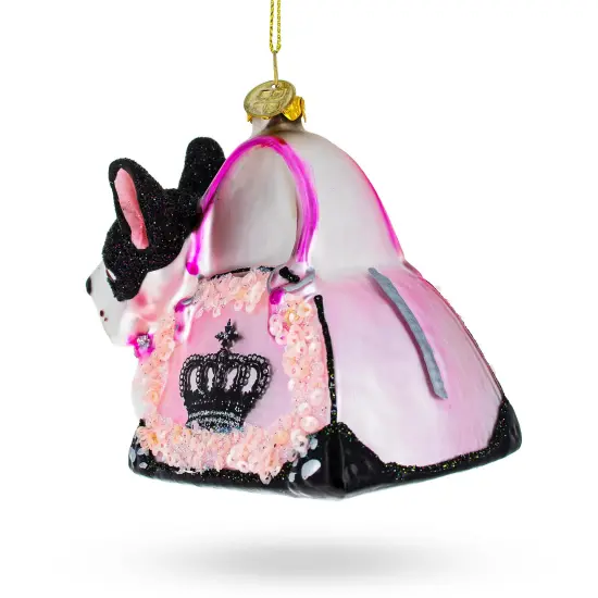 Boston Terrier in Pink Handbag Glass Christmas Ornament {4}