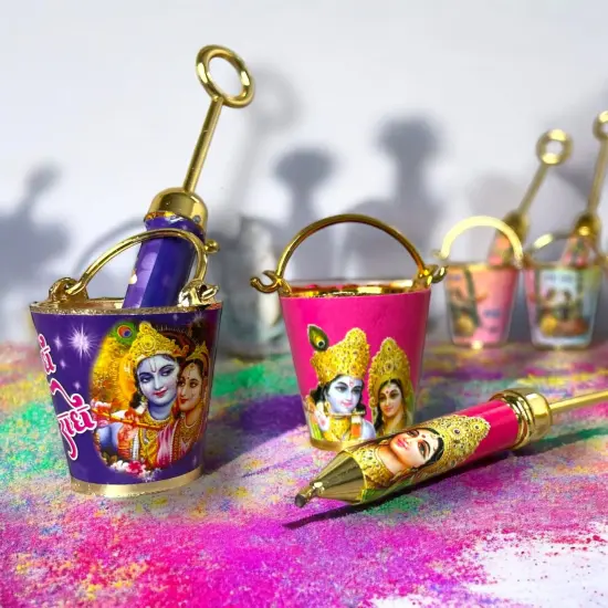 Laddu Gopal Pichkari Balti Set for Holi Festival Radha Krishna Printed Bucket Pickari for Laddu Gopal Ji Holi Acrylic Balti Pichkari Lord Krishna Toys Holi Puja Favors Babyshower Gifts {3}