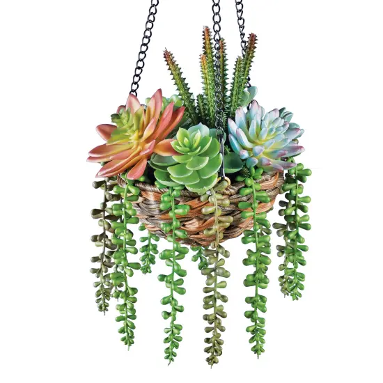 Collections Etc Hanging Colorful Faux Succulents in Rattan Basket {2}