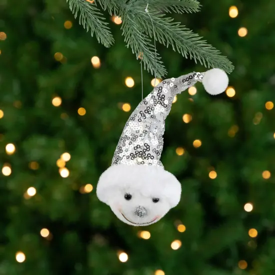Northlight Snowman Head with Sequin Santa Hat Christmas Ornament - 6" White {1}