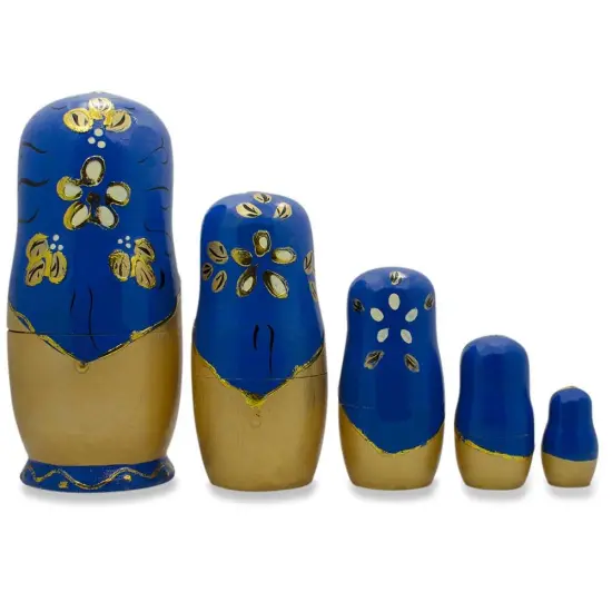 Set of 5 White Flowers on Blue Nesting Dolls 6.5 Inches {3}