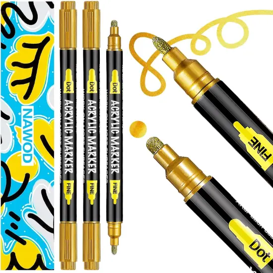 3 Gold Acrylic Paint Pens Markers, Dual Tip (Fine 1mm + Dot 5mm), for Rock Painting Fabric Canvas Glass Wood Ceramic Paper Eggs, Fabric Marker Ideal for Labeling DIY Crafts Art Projects {1}