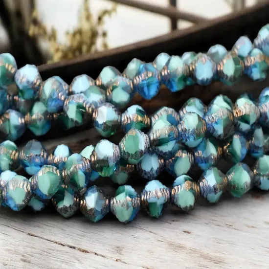 *15* 8x10mm Bronze Washed Caribbean Turquoise Faceted Bicone Beads {4}
