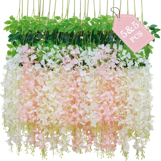 10Pcs White & Pink Fake Wisteria Hanging Flower Garlands {1}