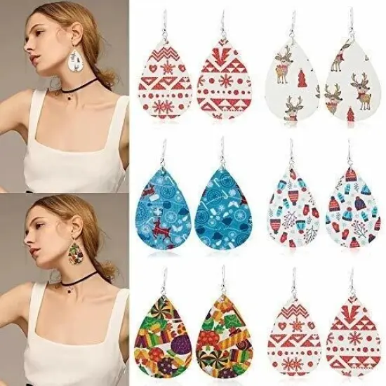 Chic Christmas Tree Elk Teardrop Leather Drop Earrings {3}