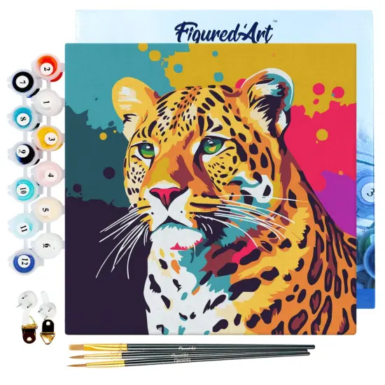 Figured'Art Mini Paint by Numbers Kit for Adults with Frame Leopard Abstract Pop Art Small format 8"x8" - Craft Art Painting DIY Canvas Already Stretched on a Wooden Frame {1}