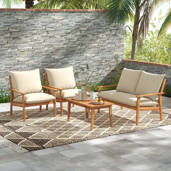 4 Pieces Wooden Outdoor Conversation Set with Soft Cushions and Rectangular Coffee Table {2}