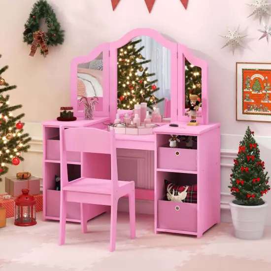 Costway Kids Vanity Table & Chair Set 2-in-1 Princess Pretend Play Makeup Vanity Set Pink/White {1}