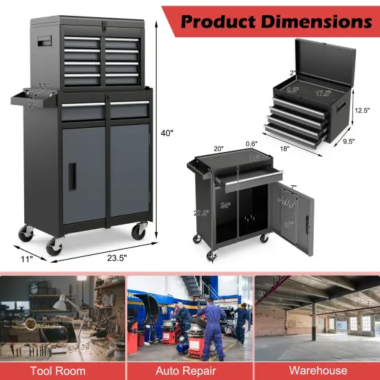 2-in-1 Tool Chest Cabinet with 5 Sliding Drawers and 4 Universal Wheels Perfect for Garage or Workshop Black & Gray {5}