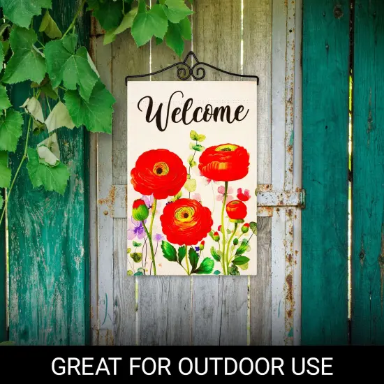 G128 Combo Pack Garden Flag Hanger 14IN & Garden Flag Spring Welcome Red Orange Flowers Printed 12x18IN Double Sided Yard Garden Lawn Decoration {4}