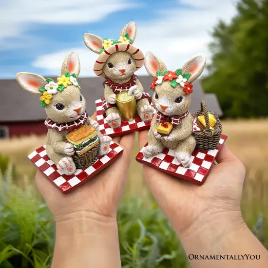 Joyful Picnic Gathering Bunny Trio Set of Three Figurines, Spring Rabbit Statue 4.5" Decor {6}