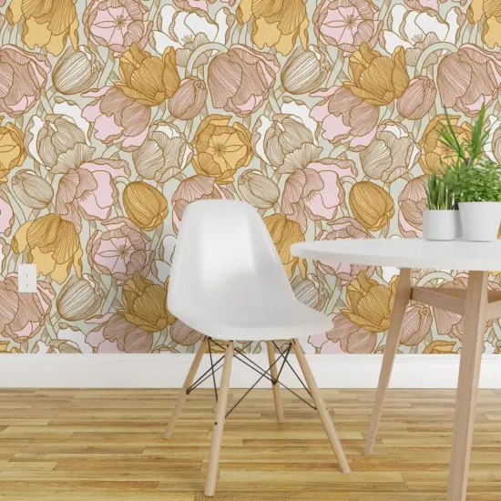 Pre-Pasted Wallpaper 2FT Wide Tulip Floral Modern Botanical Garden Bloom Meadow Wildflower Pink Yellow Mint Spring Pastel Custom Pre-pasted Wallpaper by Spoonflower {1}