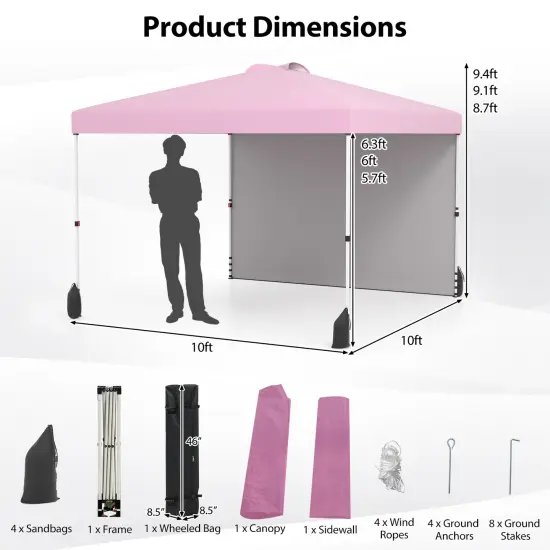 10 X 10 FT Pop up Canopy Tent with 1 Sidewall and Wheeled Bag Pink {4}