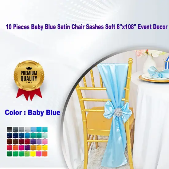 10 Pieces Baby Blue Satin Chair Sashes Soft 8"x108" Event Decor {1}