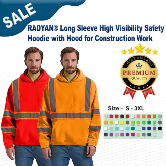 RADYAN&reg; Long Sleeve High Visibility Safety Hoodie with Hood for Construction Work Royal {2}