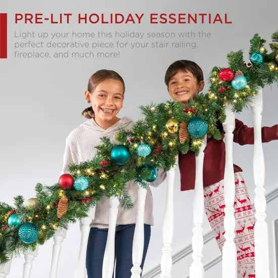 9ft Pre-Lit Holiday Pre-Decorated Christmas Garland for Stairs,50 Lights, Pine Cones, Berries {5}