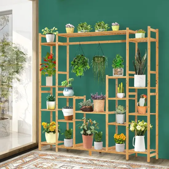 Sturdy Multi-Tier Natural Bamboo Plant Stand with Hanging Rack {6}