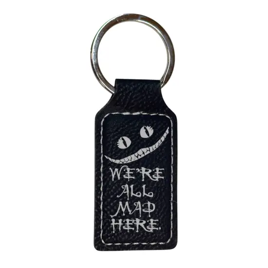 Keychain - Rectangle - We're all mad here - Leather Black/Silver {3}