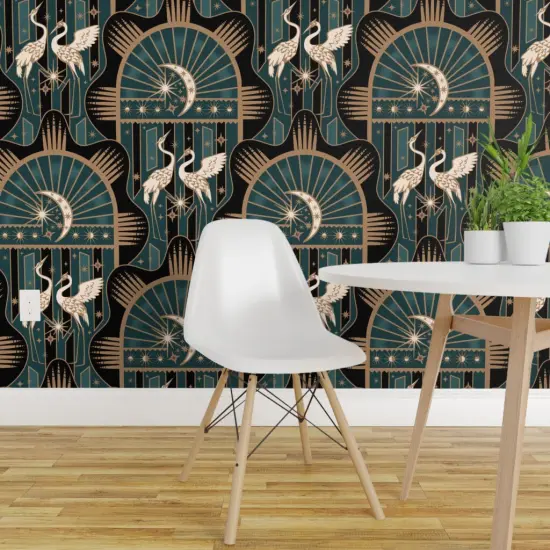Peel & Stick Wallpaper 2FT Wide Celestial Cranes Teal Black Beige Art Deco Birds Jewel Toned Custom Removable Wallpaper by Spoonflower {1}