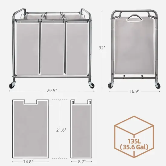 3 Section Laundry Sorter, 35.9 Gal (136 L) Laundry Hamper Cart {3}