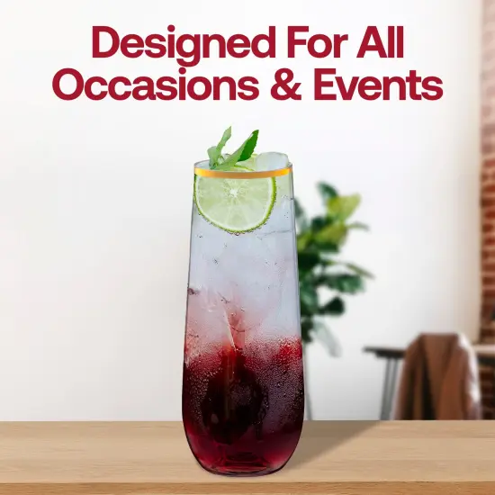 Clear with Gold Stemless Plastic Champagne Flutes - 9 oz. (64 Glasses) {6}