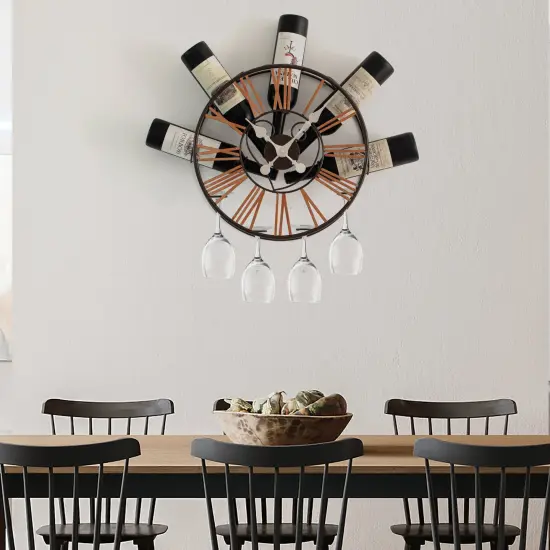 Vintiquewise Wall-Mounted Clock Design Wine Holder with Stemware Rack - Unique Shelf for Champagne, White & Red Wine Organizer with 4 Glass Holders, Wine Bottle Display for Home, Kitchen and Bar Decor {2}