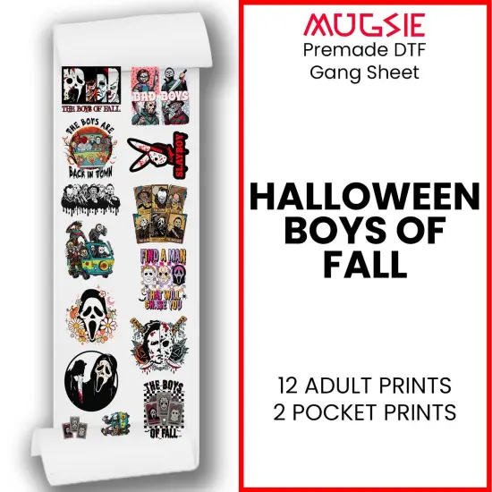 Halloween Boys Of Fall DTF Transfers 22x60 Direct-to-Film Gang Sheet Iron On Transfers - 12 Adult Prints And 2 Pocket Prints {1}
