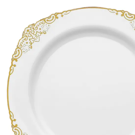 White with Gold Fancy Round Disposable Plastic Salad Plates - 7.5" (120 Plates) {1}