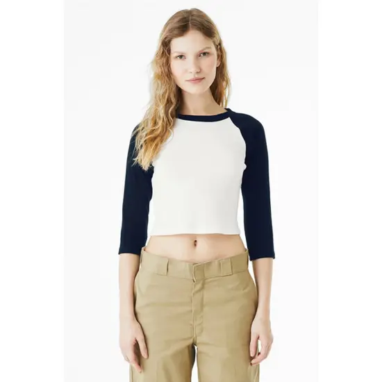 Bella + Canvas&reg; Ladies Micro Ribbed Three Quarter Raglan Baby T Shirt WHITE/ TR ROYAL {3}