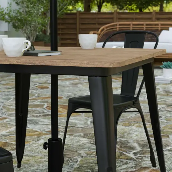 Merrick Lane Dryden Indoor/Outdoor Dining Table with Umbrella Hole, 36" Square All Weather Poly Resin Top and Steel Base BrownTop/BlackFrame {6}