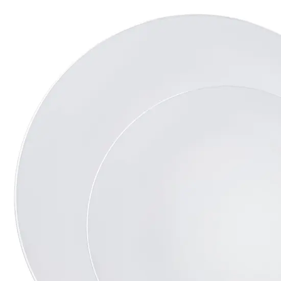 White with Silver Rim Organic Round Disposable Plastic Dinnerware Value Set (120 Guests) {1}