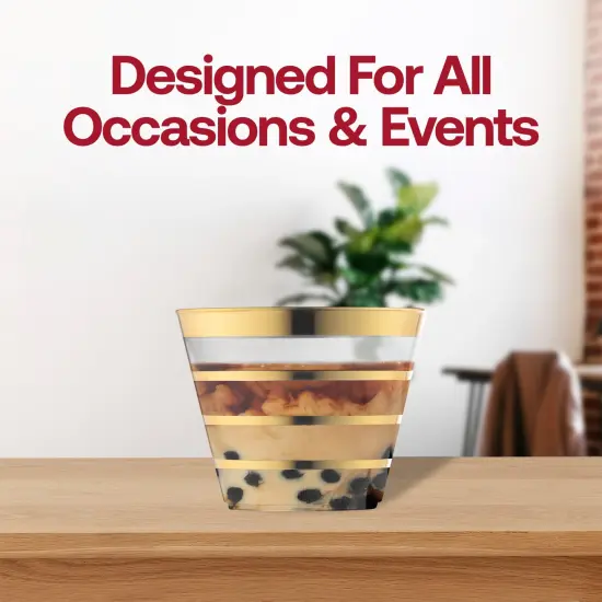 Clear with Gold Stripes Round Disposable Plastic Party Cups - 9 oz. (240 Cups) {6}