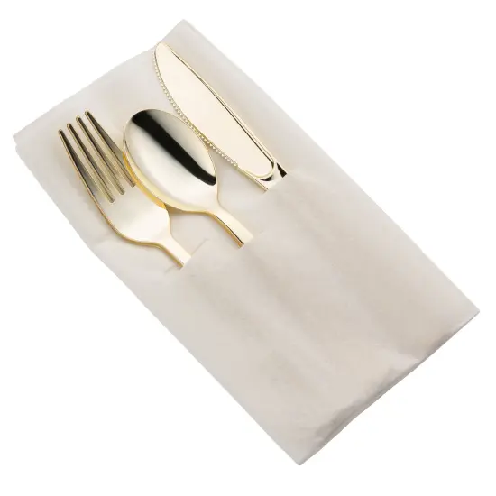 Gold Plastic Cutlery in White Pocket Napkin Set (70 Guests) {1}