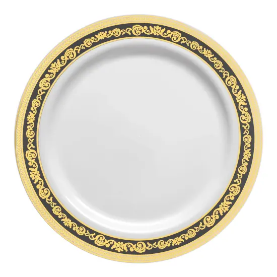 White with Black and Gold Royal Rim Plastic Dinner Plates - 10.25" (120 Plates) {2}