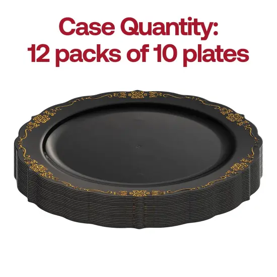 Black with Gold Vintage Rim Round Disposable Plastic Dinner Plates - 10" (120 Plates) {4}