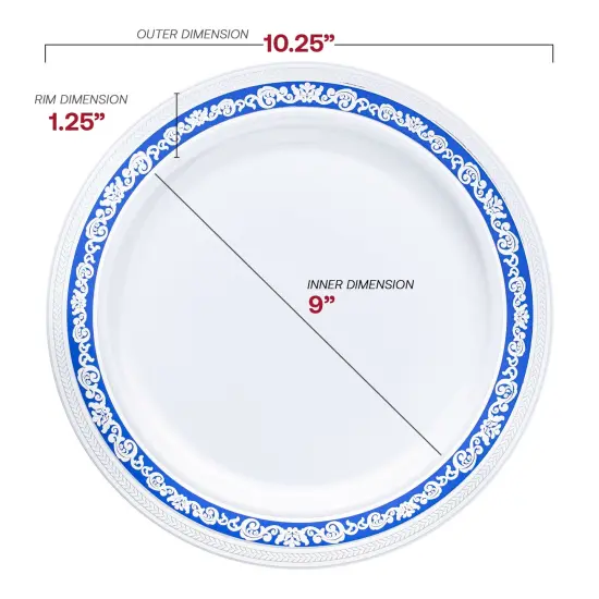 White with Blue and Silver Royal Rim Plastic Dinner Plates - 10.25" (120 Plates) {3}