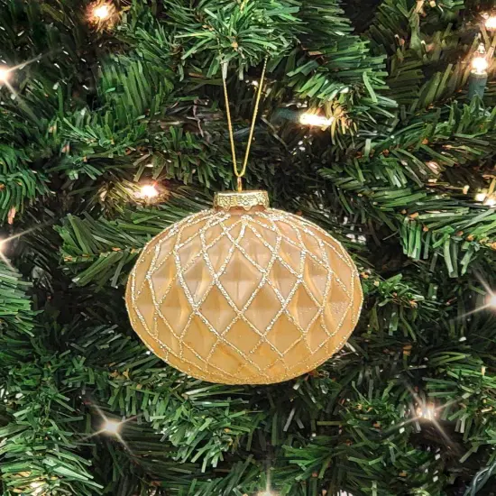 Crisscross Beige Glass Ball Christmas Ornament {1}