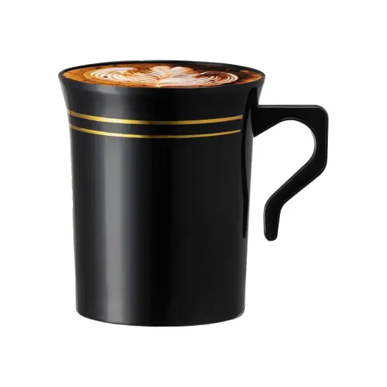Black with Gold Edge Rim Round Plastic Coffee Mugs - 8 oz. (120 Mugs) {2}