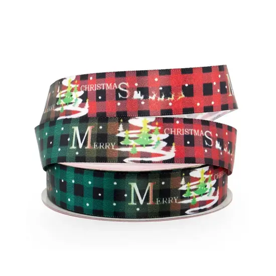 1 Roll Narrow Satin Holiday Ribbon 7/8" x 25 Yards Festive Christmas Ribbon Christmas Plaid {2}