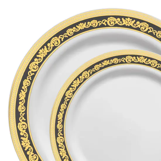 White with Black and Gold Royal Rim Plastic Dinnerware Value Set (120 Guests) {1}