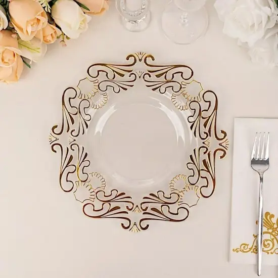 10 Clear 8 in Round Disposable Dinner Plastic PLATES Gold Baroque Design Party {4}