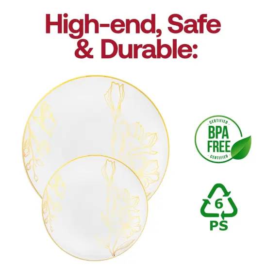 White with Gold Antique Floral Round Disposable Plastic Appetizer/Salad Plates - 7.5" (120 Plates) {5}