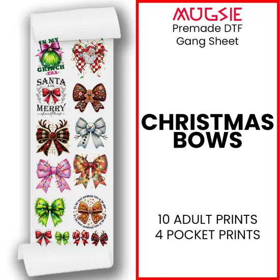 Christmas Bows - DTF Transfer 22x60 Direct-to-Film Gang Sheets - 10 Adult Prints And 4 Pocket Prints Iron On Transfers {1}