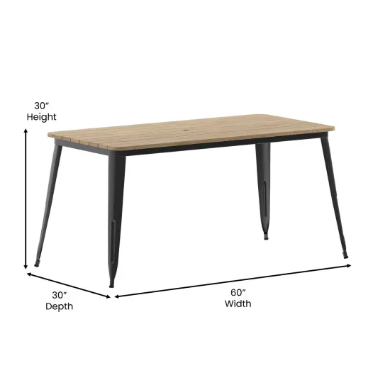 Merrick Lane Dryden Indoor/Outdoor Dining Table with Umbrella Hole, 30" x 60" All Weather Poly Resin Top and Steel Base BrownTop/SilverFrame {11}