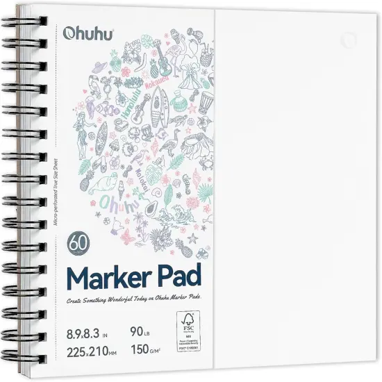 Ohuhu Double Sided Marker Pads Art Sketchbook Bleedproof - 8.3x8.3 Square Paper Size - 90LB/150GSM Smooth Drawing Paper - 60 Sheets/120 Pages, Spiral Bound Sketching Book for Alcohol Markers Christmas {1}