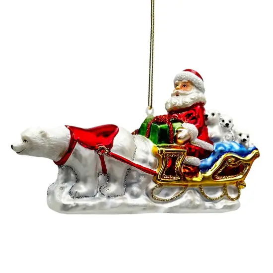 Polar Bear Santa Sleigh Glass Christmas Ornament, Exquisite Handblown Tree Decor {1}