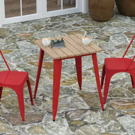 Merrick Lane Dryden Indoor/Outdoor Dining Table, 23.75" Square All Weather Poly Resin Top with Steel Base Brown Top/Red Frame {3}