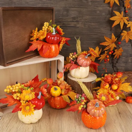Set of 6 Artificial Pumpkins with Maple & Flowers Table Decor {5}