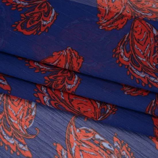 1 Yard Red and Blue Paisley Crinkled Polyester Chiffon Fabric Metallic Silver Pinstripes 56 Inches Width {4}