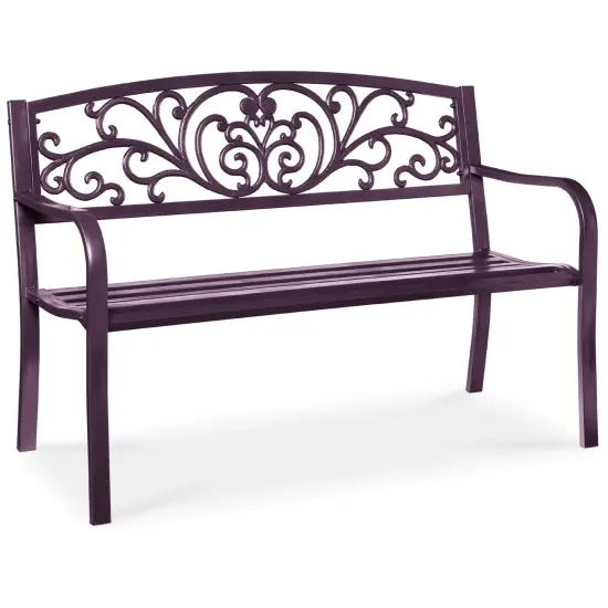 Best Choice Products Outdoor Steel Bench Garden Patio Porch Furniture w/ Floral Design Backrest Purple {1}